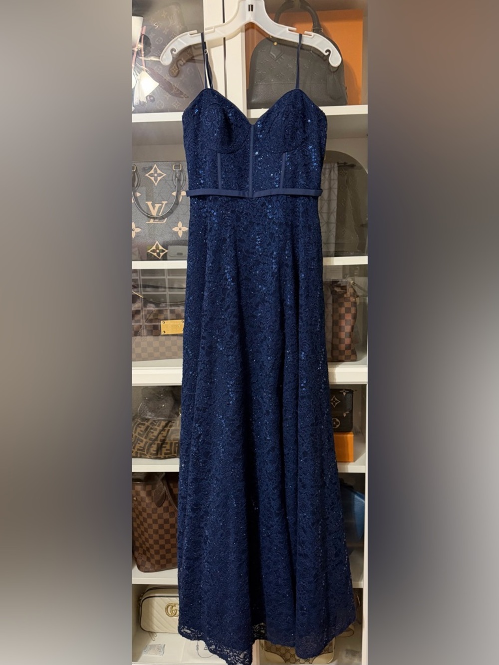 Jules and Clea Navy Lace Sequin Prom Gown with Spaghetti Straps